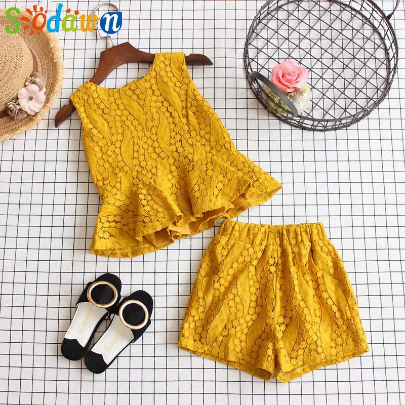 Sodawn для девочек Костюмы Комплект Одежда для маленьких девочек новые летние полосатые дизайнерские топы+штаны, комплект из 2 вещей детская одежда; одежда для малышей - Цвет: yellow
