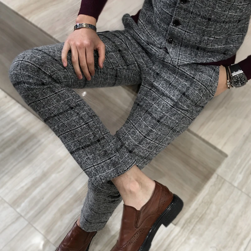 Buy Winter Thick Suit Pants Men Slim Fit Fashion Plaid