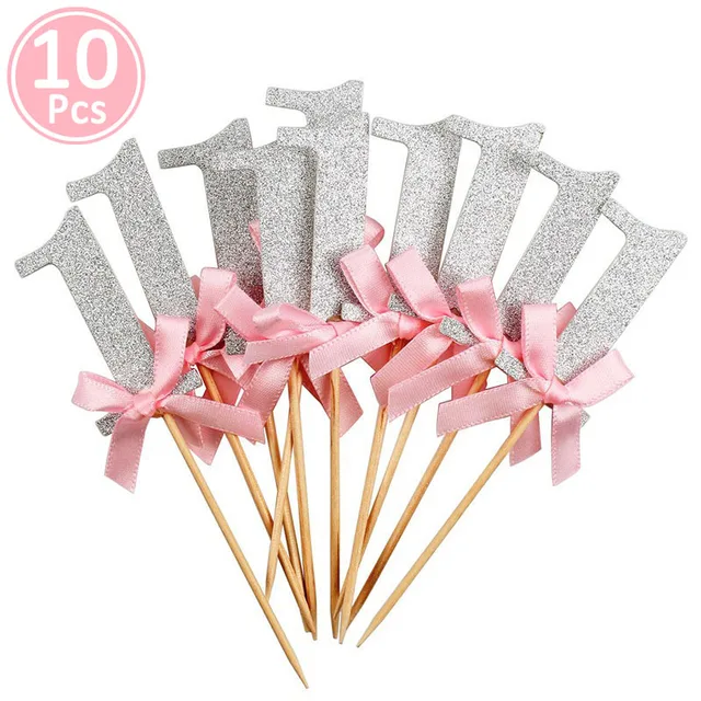 First Birthday One Cupcake Topper 1st Years Boy Girl DIY Party Decorations 1 Year Old Baby Birthday Decor Kids 10pcs silver pink 1