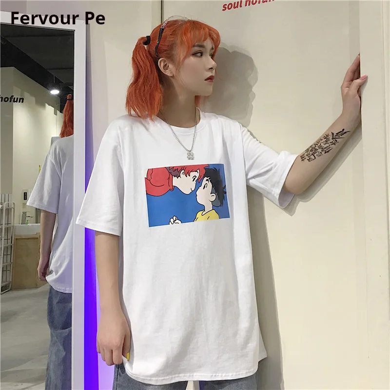 

Harajuku Women T-shirt Japan Korea style Short sleeve Ponyo print Shirt Large Size Loose Lovers T-shirt 100% pure cotton
