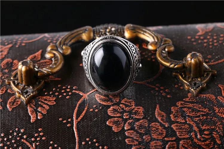 Серебряный Античные кольца большой овальной вставкой из черного кольцо с красным камнем дизайн резная черная бижутерия из оникса Aneis Винтаж для женщин Для мужчин