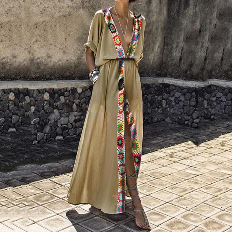 

Summer Splice Split Big Swing Long Dresses Lady Casual Sexy Deep V-neck Boho Women Dress