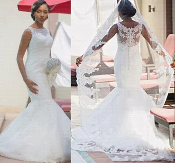 

QQ Lover 2019 Boat Neck Tank Button Lace Mermaid Wedding Dress Vestido De Noiva Robe de mariee