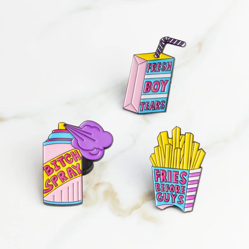 

Cartoon Milk Spray Fries Pin Hard enamel Lapel Pin Badge Fresh boy tears Fries before guys Brooch for Women Men Jewelry Gifts