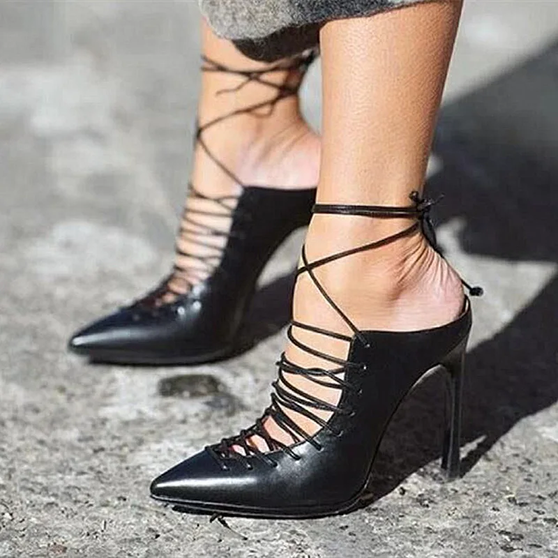 

JINJOE Paris Hot sale Women Pumps Lace-Up Pointed Toe 12CM High heels Sexy Stiletto Party Shoes Gladiator sandals female shoes