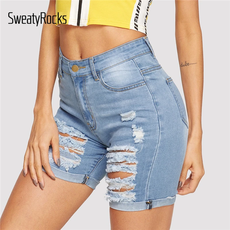 SweatyRocks рваные рулонные джинсовые шорты женские уличные Узкие синие шорты 2019 модные летние кнопки Fly однотонные шорты