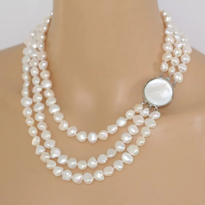 Unique Pearls Jewellery Store,18-20inch Real Pearl Necklace,8-9mm White Baroque Freshwater Pearl