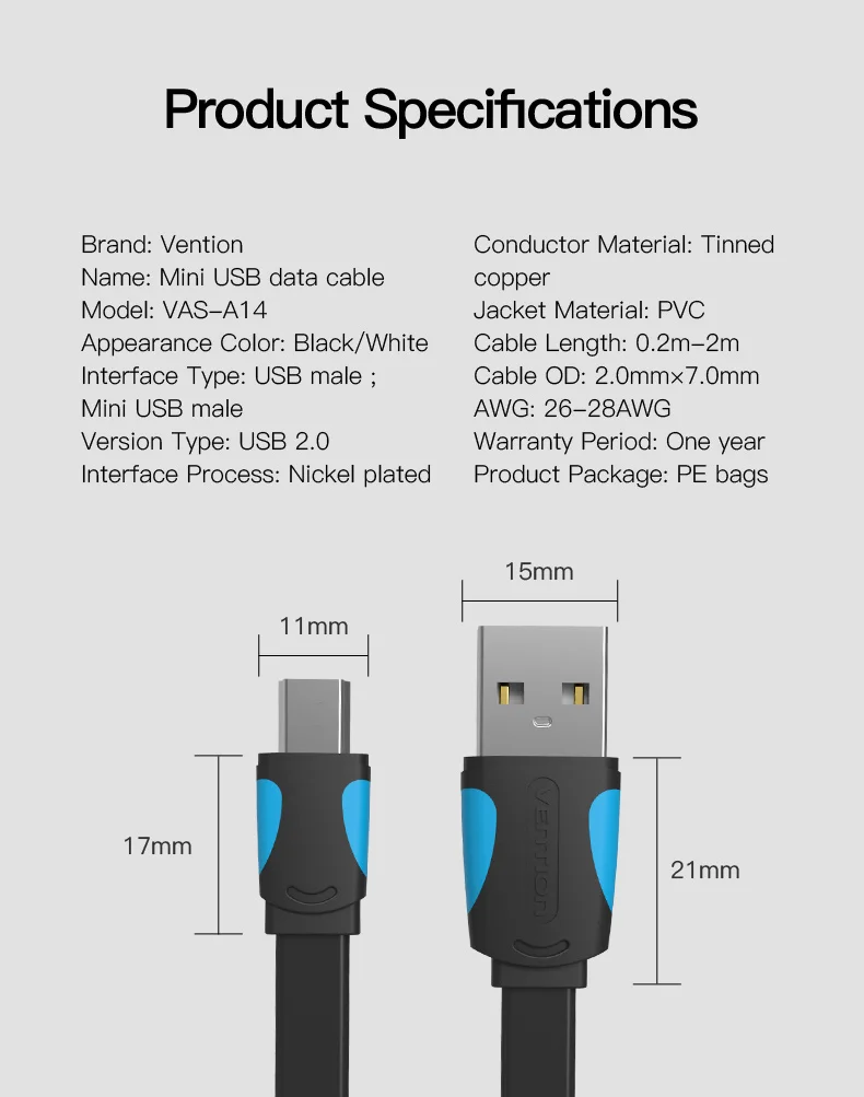 Кабель Vention Mini USB 0,25 м, 0,5 м, 1 м, 1,5 м, 2 м, кабель USB для синхронизации данных и зарядки для MP3 MP4 плеера, gps камеры, мобильного телефона, Mini USB