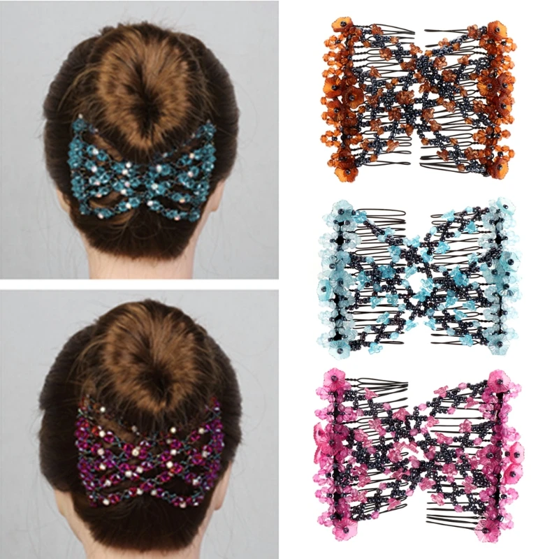 2017 Fashion Plastic Floral Comb Magic Beads Elasticity Double Hair
