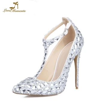 

2019 New Designer Handmade Wedding Shoes Silver Crystal Evening Party Event High Heels Pointed Toe T-strap Ankle Straps Shoes
