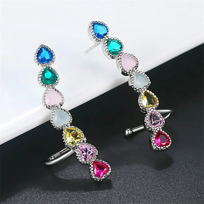 

Boho Female Colorful Heart Earrings Luxury Crystal Zircon Stone Clip Earrings Cute Big Double Earrings For Women