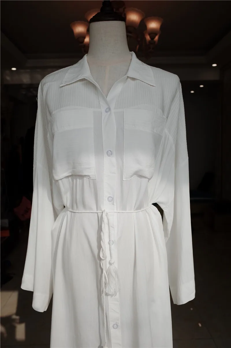 Новая повседневная Летняя женская блузка белая хлопковая Туника размера плюс пляжная одежда с карманами спереди открытые длинные рубашки robe de plage N717
