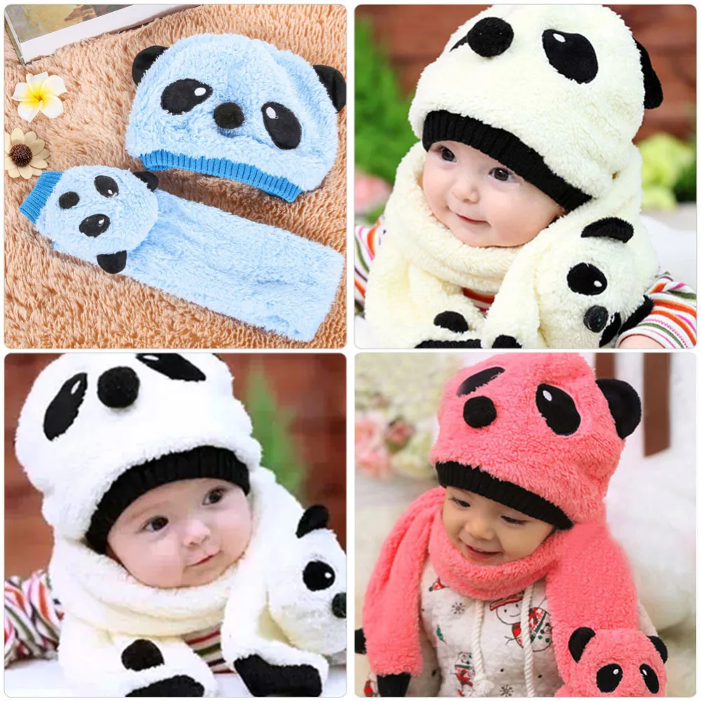 

Children Winter Warm Hat Caps Infant Baby Super Cute Warm Wool Knitted Panda Cap Match Scarf Hat Set Newborn Cartoon Beanie Caps