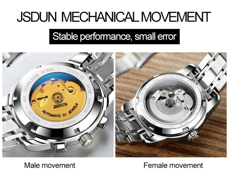 JSDUN автоматика Роскошные Повседневное пару часов для любителей нержавеющей стали модные Бизнес женские часы мужские наручные часы