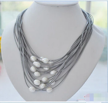 

15row 20" 12-13mm white rice pearl gray leather necklace