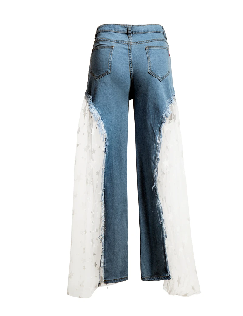 Сексуальные женские широкие джинсы со звездами, расшитые блестками, с сеткой, женские повседневные свободные джинсы, женские длинные несимметричные джинсы