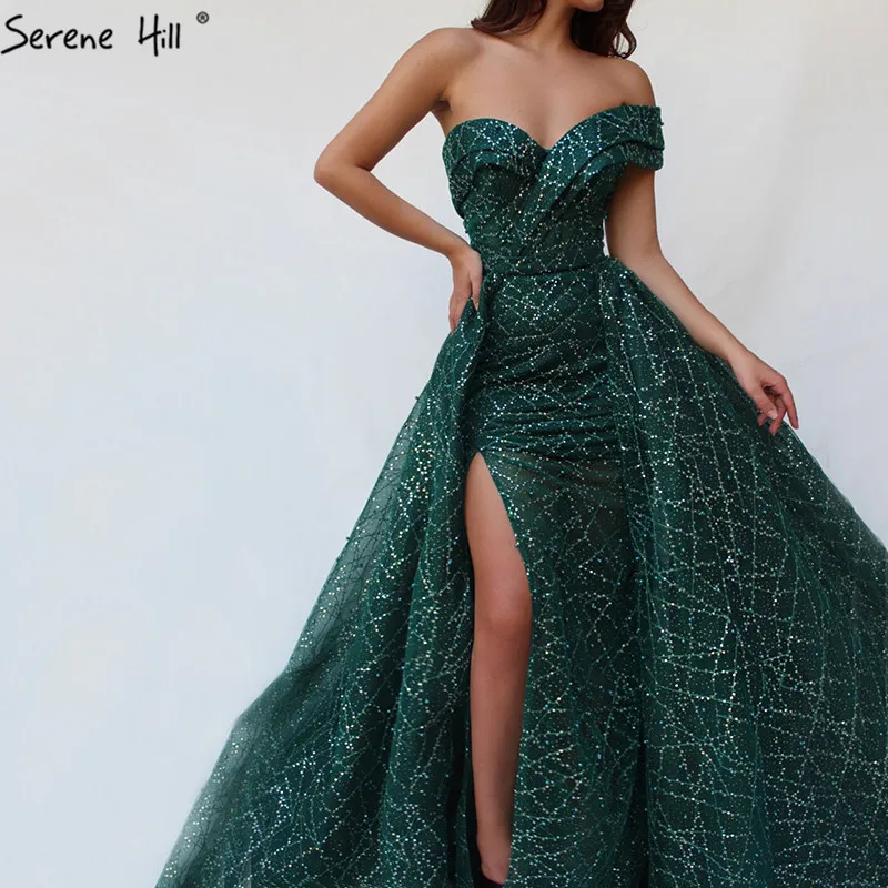 Дубай зеленый Роскошные блестящие пикантные вечерние платья платье на одно плечо с блестками вечерния платья с жемчужинами Serene Hill LA60758