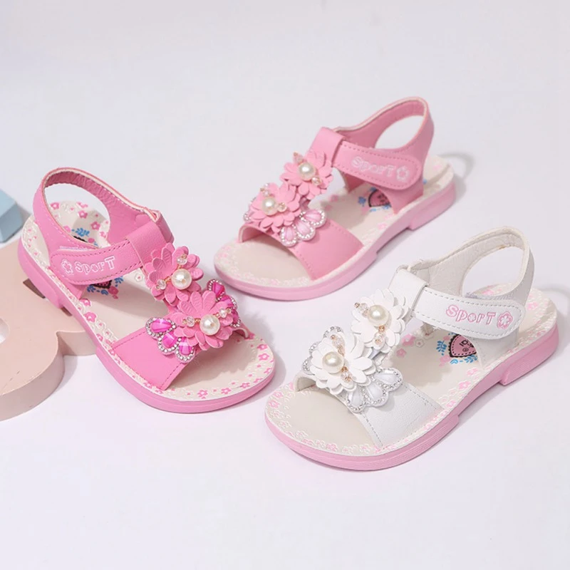 

Summer Baby Girl Sandals Soft Soled Pearl Floral Design Princess Sandals Casual Breathable Anti-slip Walking Shoes