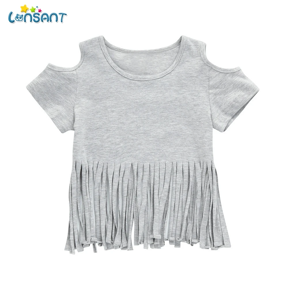 

LONSANT 2018 New Arrival Summer Fashion Infant Baby Girls Short Sleeve Tassel Off shoulder T shirt Tops Gray Clothes