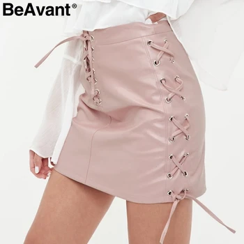 

BeAvant Sexy lace up PU leather skirts summer 2018 Casual high waist mini skirts women Autumn winter black skirts female bottom