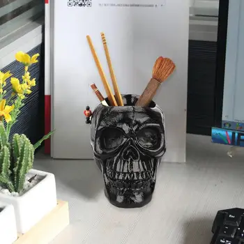 

Black Skull Storage Pen Holder Horror Funny Skull Multifunction Storage Box Flower Pot Halloween Gift