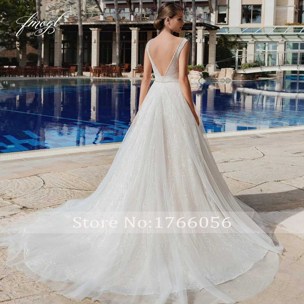 Fmogl Vestido De Noiva сексуальные кружевные свадебные платья с открытой спиной глубокий v-образный вырез развертки Поезд аппликации бисером Линия невесты платье