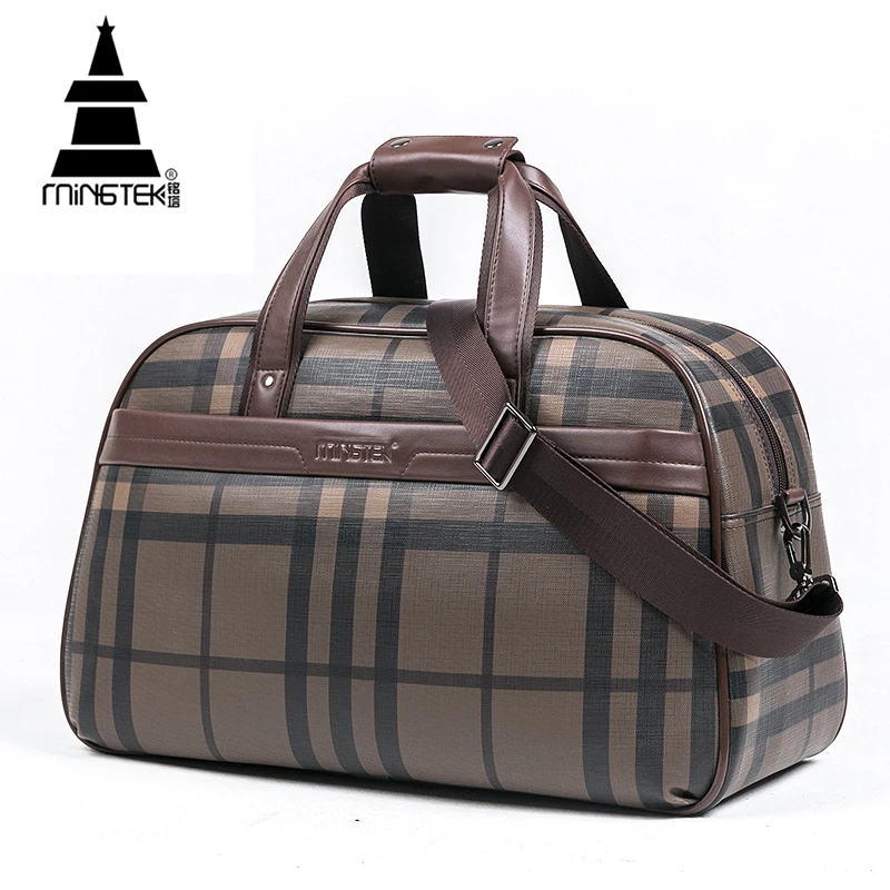 Weekender Carry On Luggage PU Waterproof Plaid Travel Duffle Tote Bag Large Capacity High