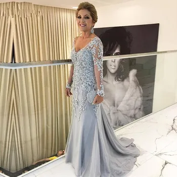 

Silver Muslim Evening Dresses Sexy Mermaid Long Sleeves Lace Formal Islamic Dubai Saudi Arabic Long Elegant Evening Gown Prom