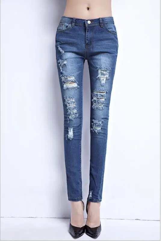The spring and summer of 2017 large size Korean fashion slim slim hole feet stretch jeans