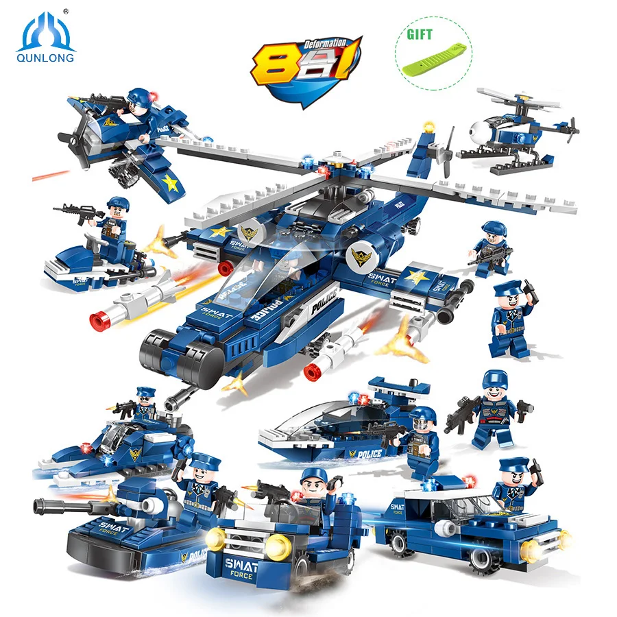 

515pcs 6 in 1 Swat Army Police Helicopter Car Soldier Figures Building Blocks Weapon Sets Compatible Legoed City Educational Toy