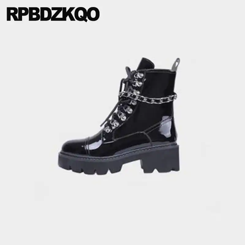 black patient patent military lace up boots with chunky sole