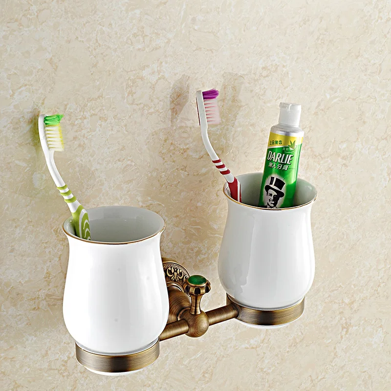 Antique Solid Brass Toothbrush Holder Green Stone Tumbler Bathroom