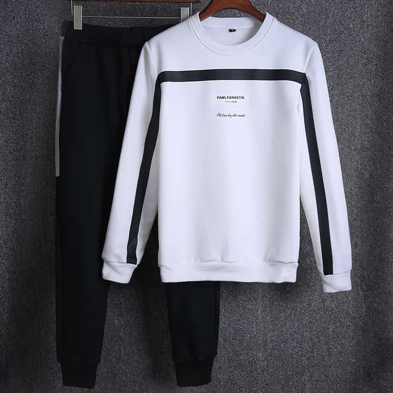 Spring New Letter Casual 2 Pieces Sets Men Sportswear Sets O-Neck Tracksuit Sweatshirt With Joggers Pants Men Patchwork Hoodie