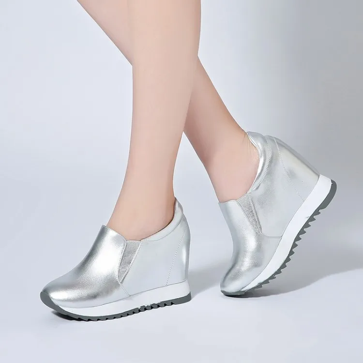 

Genuine Leather High Heels Women Casual Shoes Wedges Sneakers casual Platform Shoes Height Increasing Slip on Female Footwear