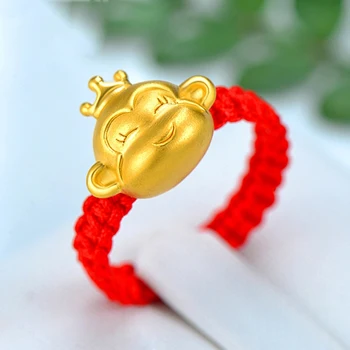 

New Pure 24k Yellow Gold Ring Women Little Crown Monkey Weave Ring For Lover