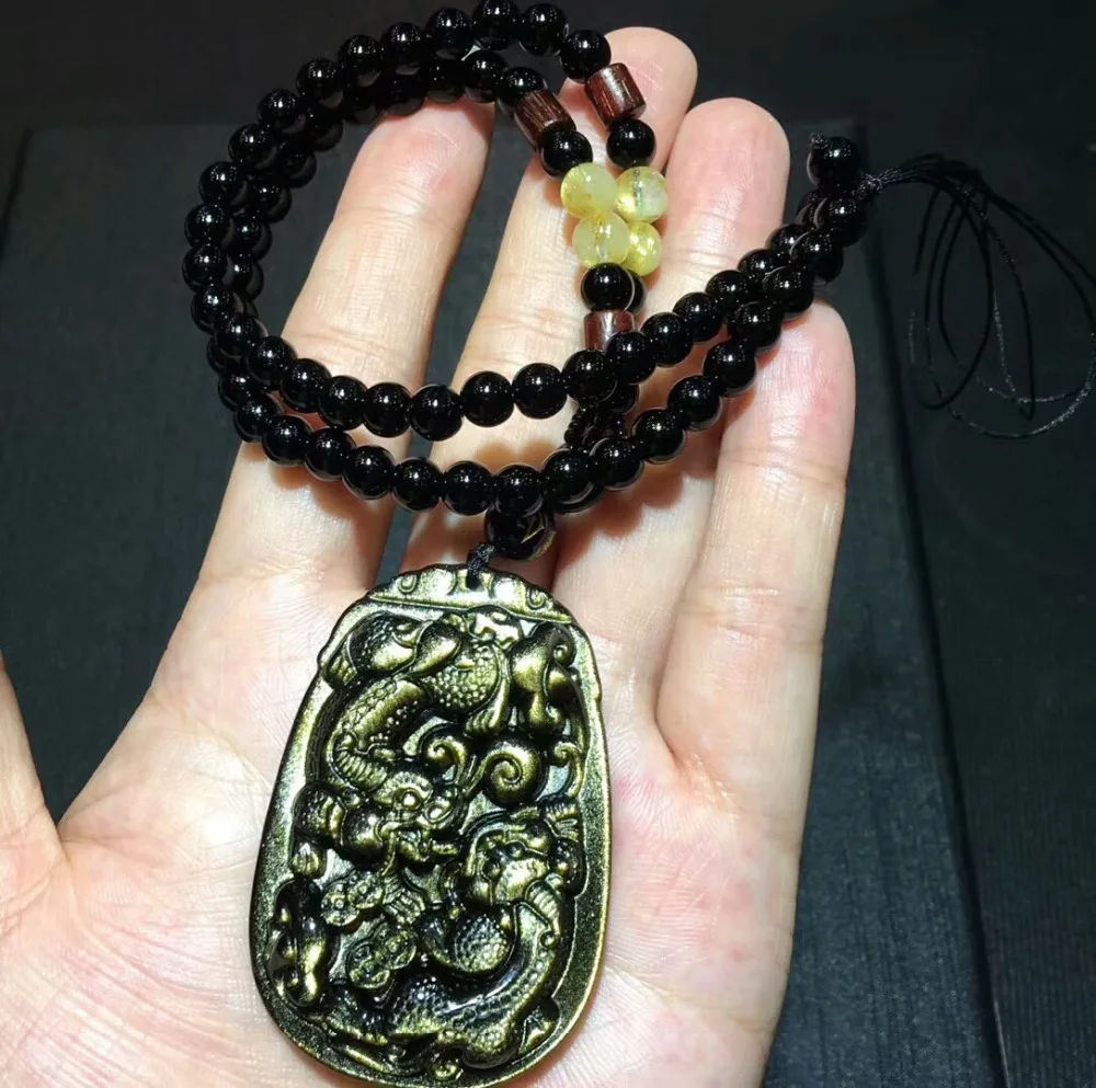 Genuine Natural Gold Obsidian Gemstone Pendant Gold Flash Women Man Pi Xiu Shape Crystal Pendant 59x40x13mm AAAAA (1)