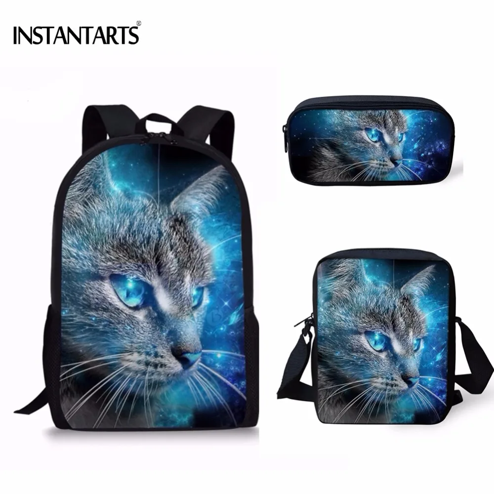 

INSTANTARTS Funny 3D Animal Galaxy/Universe Cat/Kitten 3PCS Schoolbags for Teen Boys Girls Primary School Students Backpacks Bag
