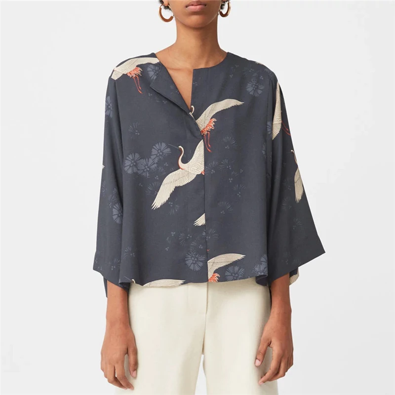 

Makuluya Women New Spring Summer Autumn Female High Street Casual Vintage Red-crowned crane Printed Girls Tops Blouses Shirt QW