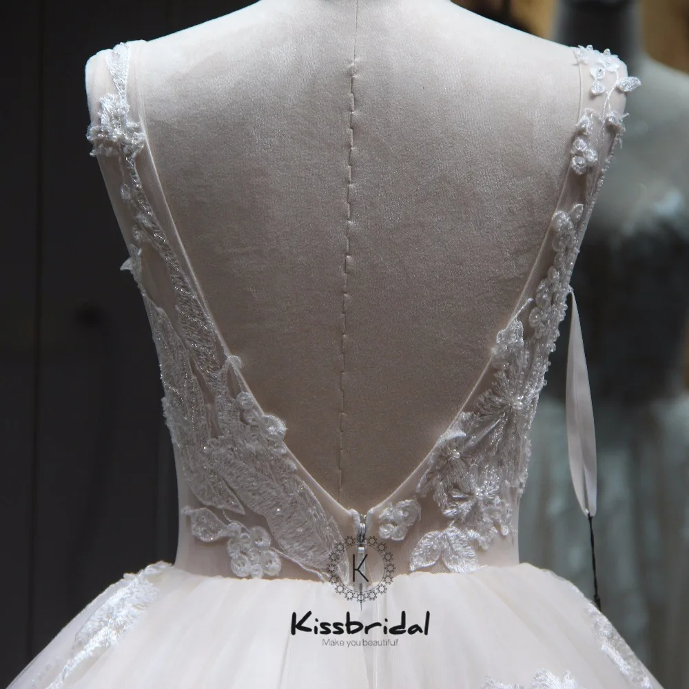 Новые модные спинки платье невесты собор Поезд аппликация Кружева Тюль Свадебные платья 2018 без рукавов