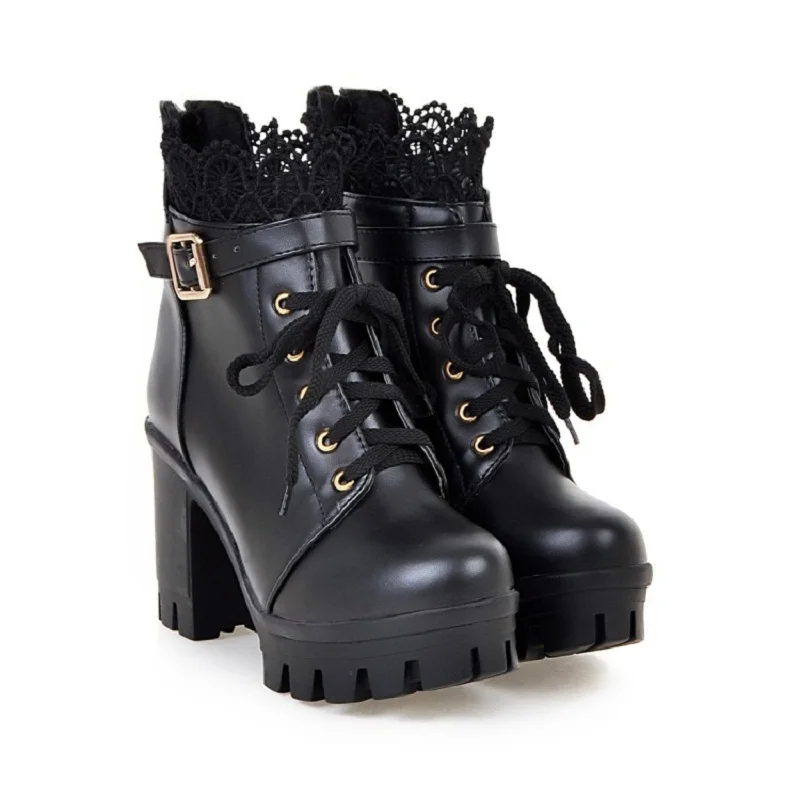 

Short tube autumn winter single boots children's shoes super high heel thick with lace Martin boots British wind boots women