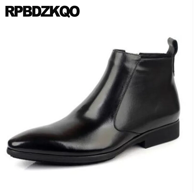 Booties Pointed Toe Full Grain Winter Fur Mens Zipper Dress Boots