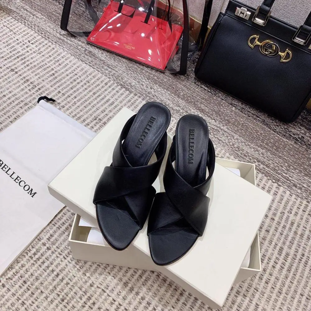 

BELLECOM New 2019 summer flip-flops with open toe and shallow toe and casual slippers, leather women's sandals and beach shoes