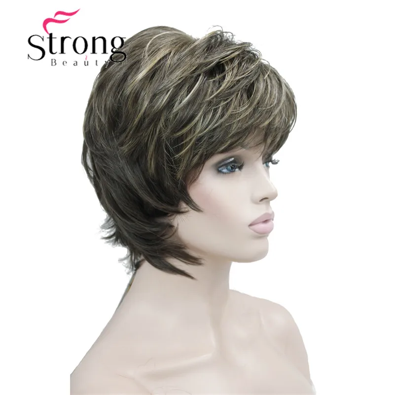 Short Layered Brown Highlighted Shag Classic Cap Full Synthetic Wig