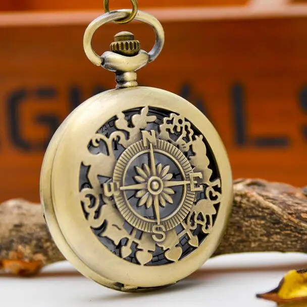 new-fashion-quartz-bronze-antiques-compass-hollow-out-modern-clock-necklace-pocket-watches-gift