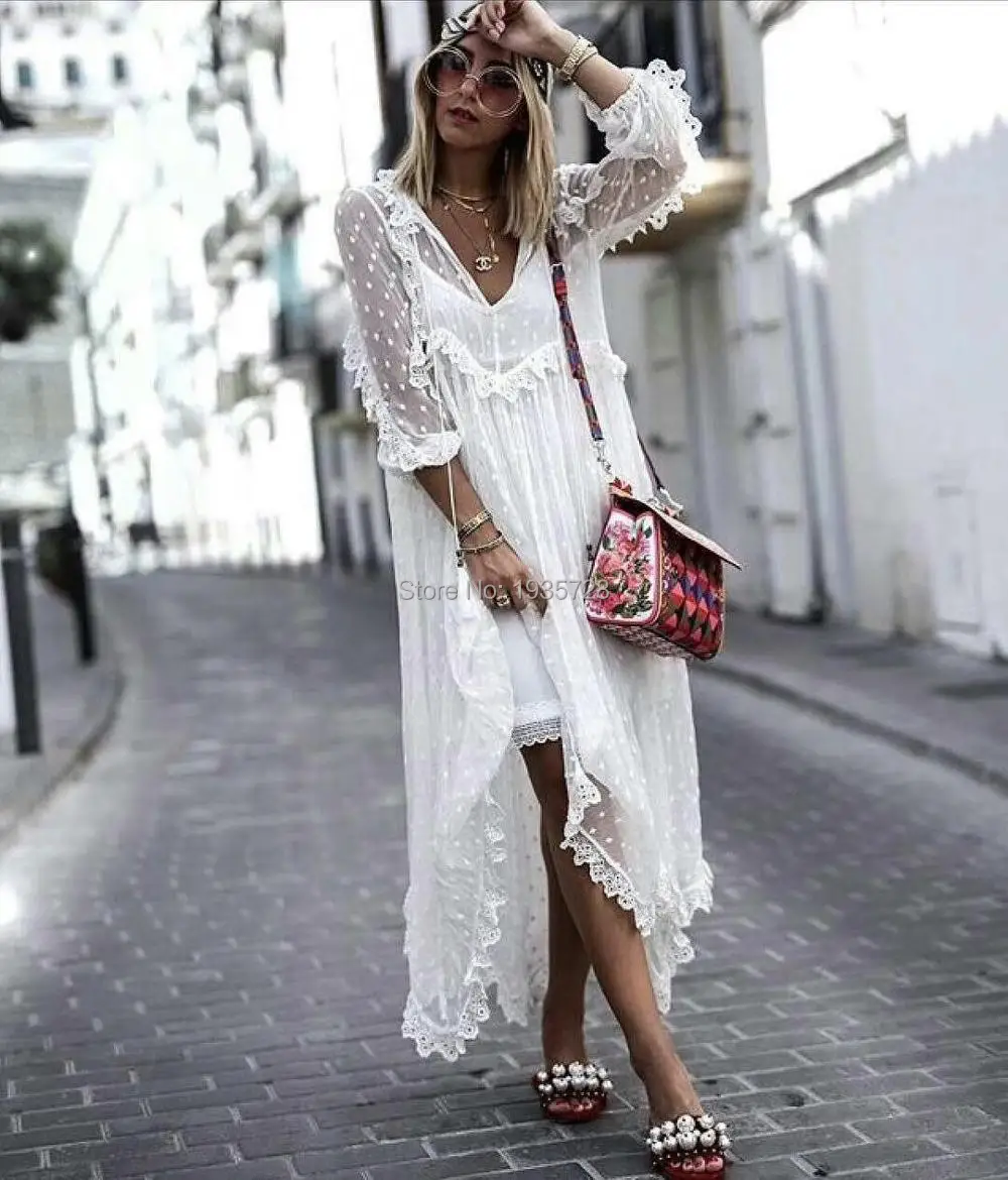 

2018SS NEW Luxury SILK White DIVINITY SCALLOP RESORT Midi DRESS Diamond embroidery Lace Ruffles Trim V-neck Tassels End Belt
