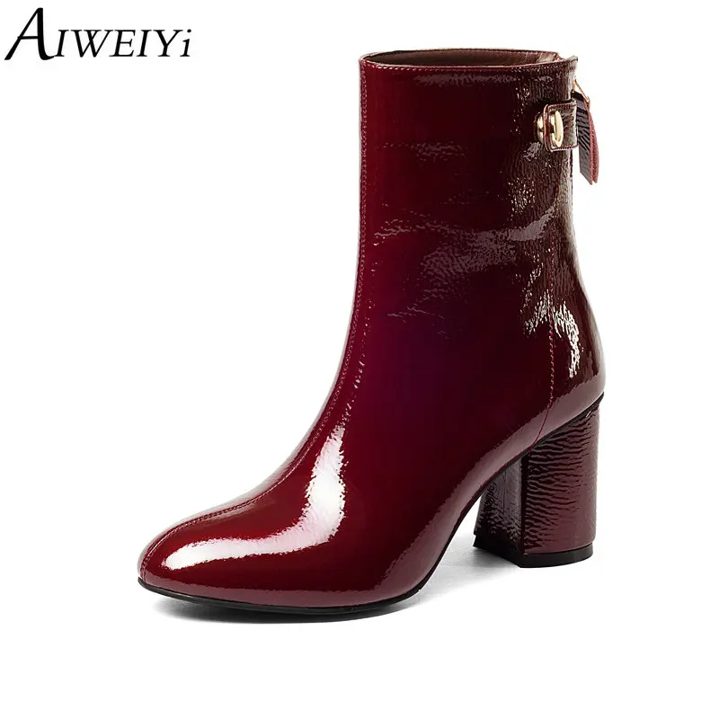 

AIWEIYi Ankle Boots for Women Genuine Leather Thick Heel High Heels Boots Elegant Chelsea Boots Black Red Winter Shoes Woman