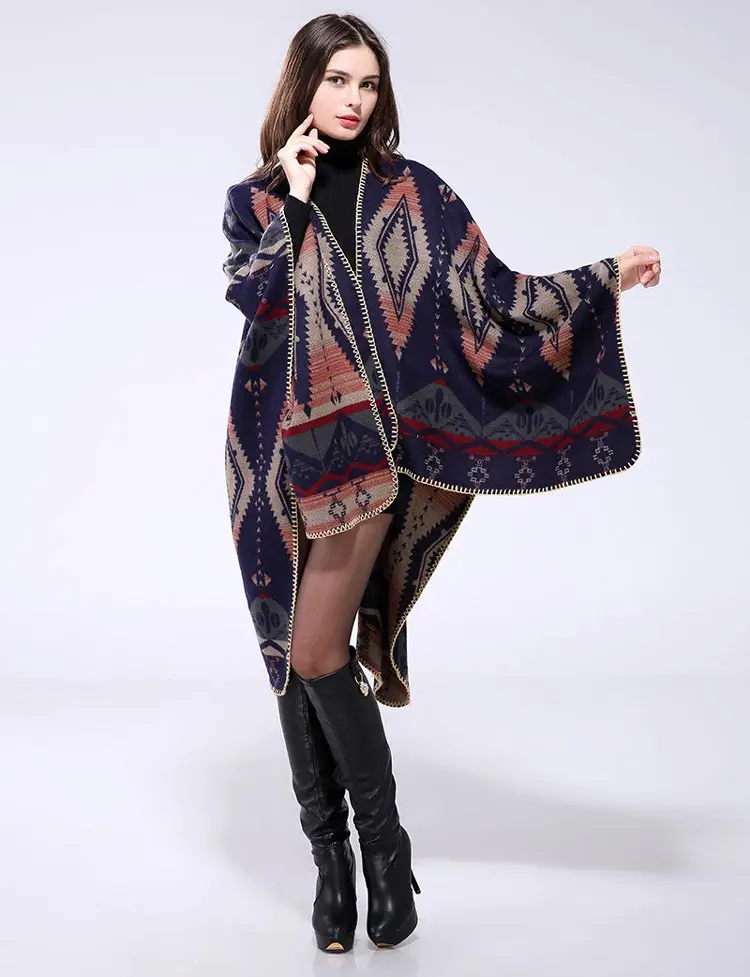 Новая зимняя одежда геометрический женский свитер пончо трикотаж для осени теплая накидка негабаритный модный вязанный, с большим треугольным вырезом рукав Шаль Обертывание