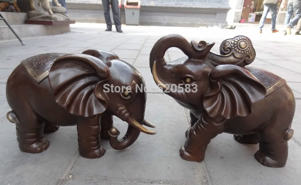 

12" Chinese Pure Bronze Carved Animals JiXiang RuYi Wealth Elephant Statue Pair