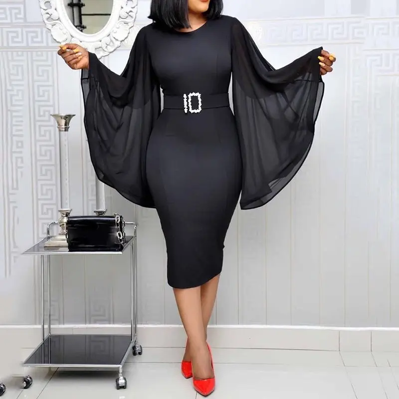 

Elegant Black African Plus Size Vintage Summer Women Midi Dresses Bodycon Flare Sleeve High Waist Mesh Female Retro Plain Dress