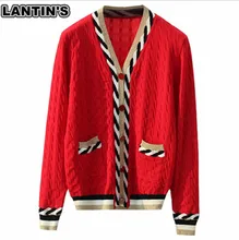 LANTIN'S. 2019 Spring Sweater Ladies and woman Knitted Cable stitch. Lurex yarns at edge. Contrast color cable on placket. X190 LANTIN'S. 2019 Spring Sweater Ladies and woman Knitted Cable stitch. Lurex yarns at edge. Contrast color cable on placket. X190